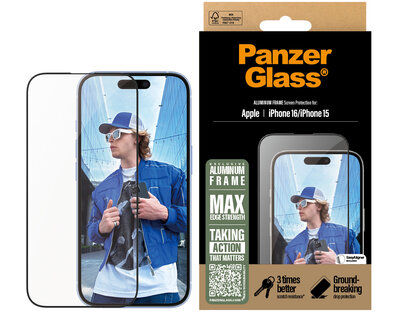 PanzerGlass Aluminium Edge to Edge Glazen iPhone 16 screenprotector