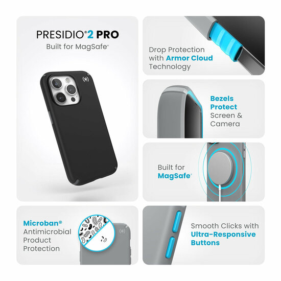 Speck Presidio 2 Pro MagSafe iPhone 15 Pro hoesje grijs