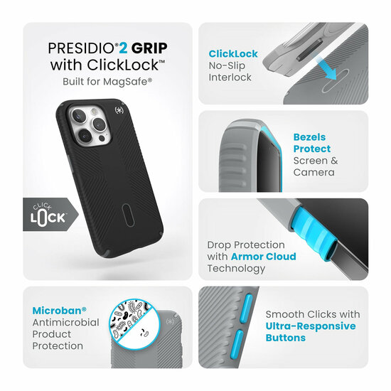 Speck Presidio 2 Grip Clicklock iPhone 15 Pro Max hoesje zwart