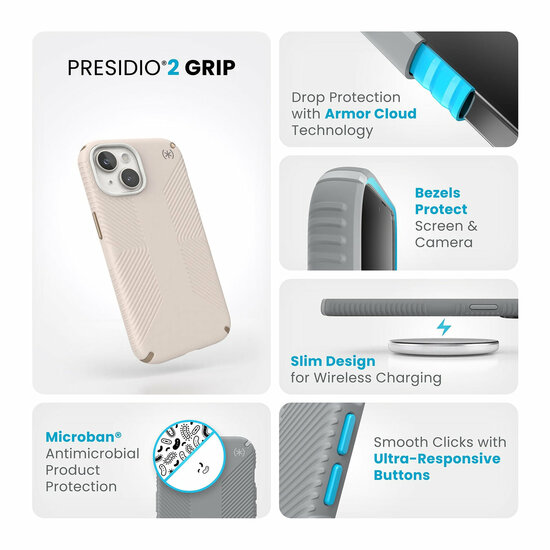 Speck Presidio 2 Grip iPhone 15 hoesje grijs