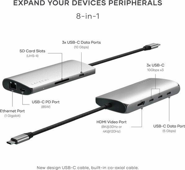 Satechi USB-C MultiPort V3 adapter 8K USB-C hub grijs