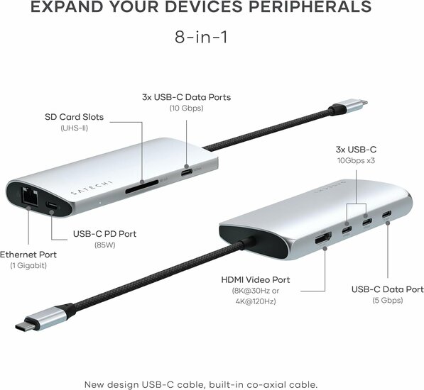 Satechi USB-C MultiPort V3 adapter 8K USB-C hub zilver