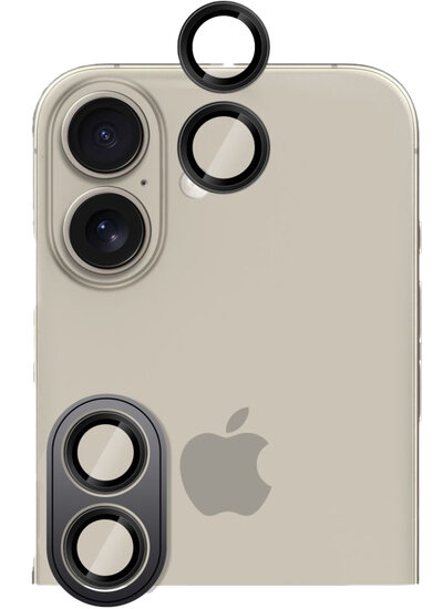 Glaasie iPhone 16 / iPhone 16 Plus glazen camera ring protector zwart