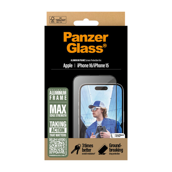 PanzerGlass Aluminium Edge to Edge Glazen iPhone 16 screenprotector