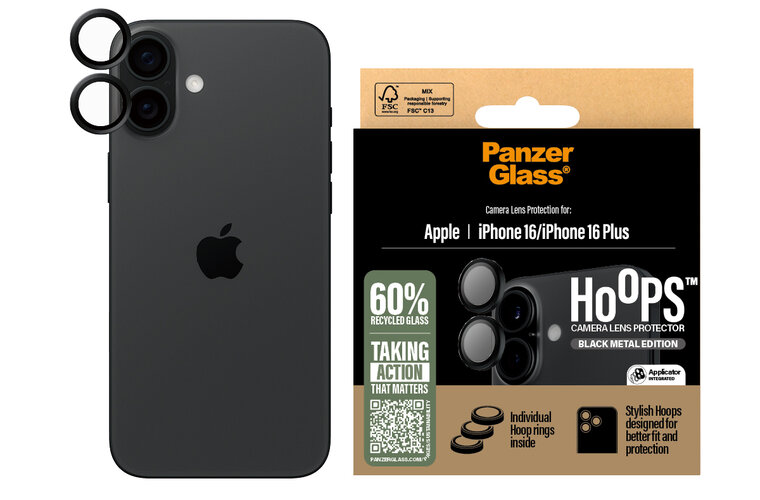 PanzerGlass Hoops iPhone 16 / iPhone 16 Plus cameralensbeschermer zwart