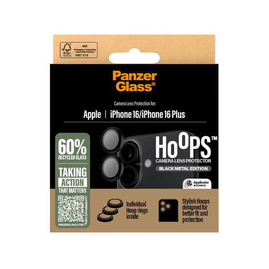 PanzerGlass Hoops iPhone 16 / iPhone 16 Plus cameralensbeschermer zwart