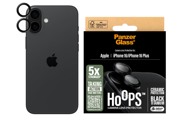 PanzerGlass Hoops Ceramic iPhone 16 / iPhone 16 Plus cameralensbeschermer zwart