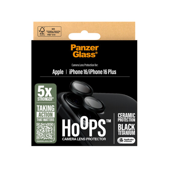 PanzerGlass Hoops Ceramic iPhone 16 / iPhone 16 Plus cameralensbeschermer zwart