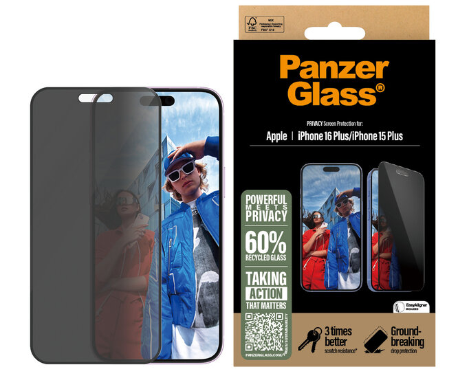 PanzerGlass Privacy Edge to Edge Glazen iPhone 16 Plus screenprotector