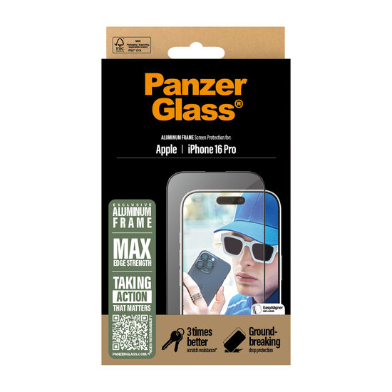 PanzerGlass Aluminium Edge to Edge Glazen iPhone 16 Pro screenprotector