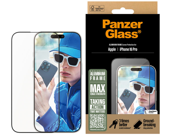 PanzerGlass Aluminium Edge to Edge Glazen iPhone 16 Pro screenprotector