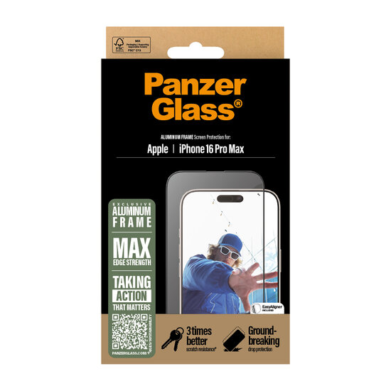 PanzerGlass Aluminium Edge to Edge Glazen iPhone 16 Pro Max screenprotector