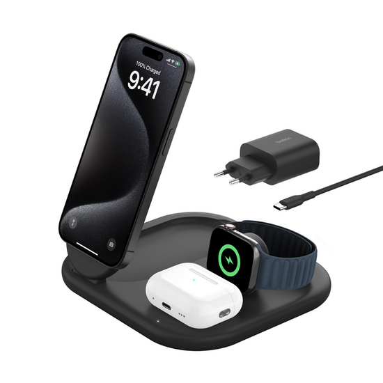 Belkin BoostCharge 3 in 1 inklapbare Qi2 MagSafe oplader zwart