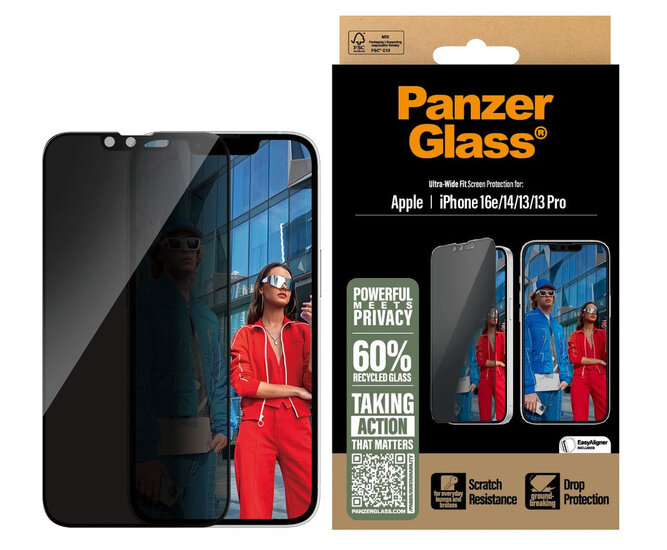 PanzerGlass Privacy Ultra Wide Fit iPhone 16e 2025 glazen screenprotector