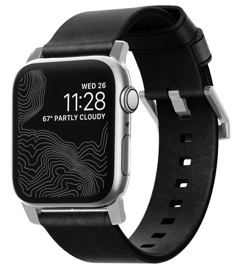 Nomad leren Apple Watch 49 /  45 / 44 mm bandje zwart / zilver