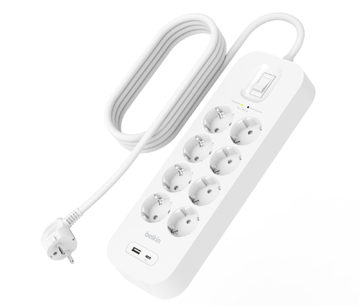 Belkin Spanningsbeveiliger 8 poort stekkerdoos met USB-A en USB-C aansluiting