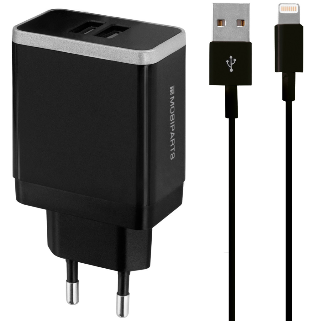 Mobiparts Dual USB Thuislader 4,8A + Lightning kabel Zwart